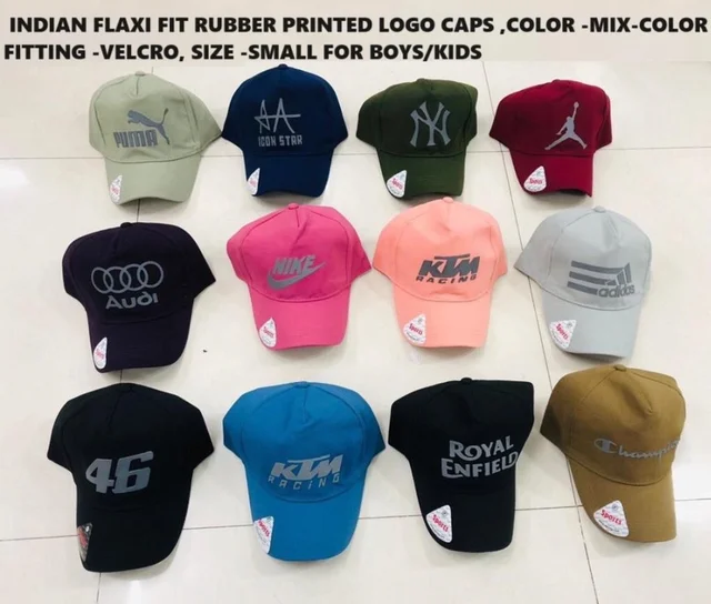 Indian Flaxi Fit Rubber Printed Logo Caps Color -Mix- Colour Pack Fitting -Velcro Size -Small, For Boys - 12