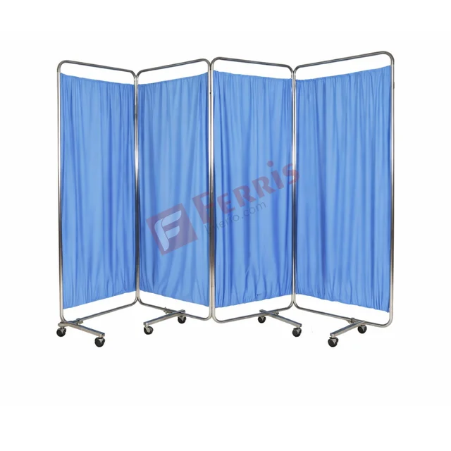 Ferris Bedside Screen (FHF-032) - White Frame with Blue Curtains, 66" (H) × 96" (L), Not Applicable (Privacy Equipment), Epoxy Powder Coated Frame