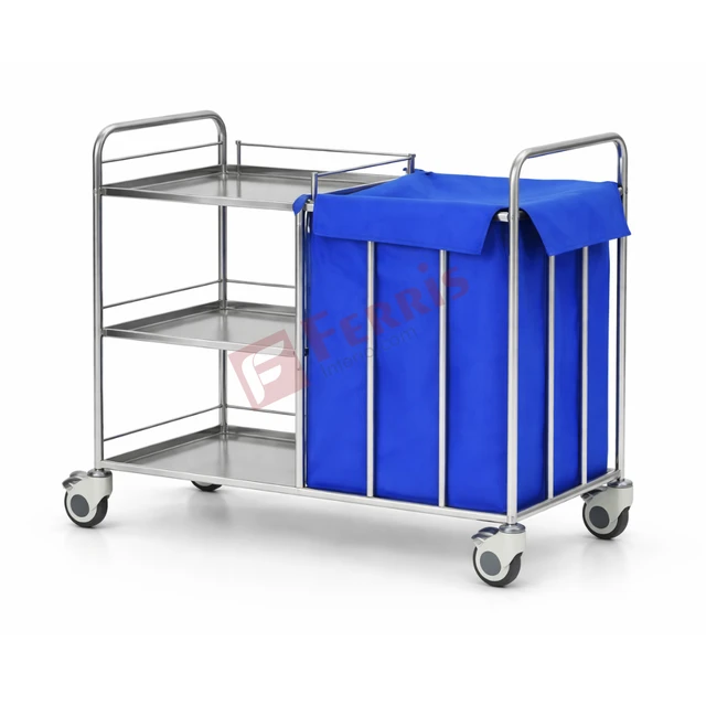 Ferris Housekeeping Trolley with Linen Bag FHF-034 A - 960mm (L) × 500mm (W) × 1060mm (H), White Frame with Blue Canvas Bag, Epoxy Powder Coated Finish, Not Applicable (Housekeeping Equipment)