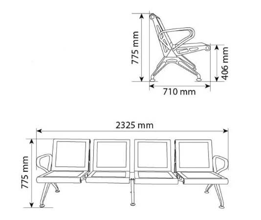 Ferris PUBLIC WAITING AREA CHAIR - 2325x710x775 MM., Silver grey, 04 Seater, Chrome Handle + Leg