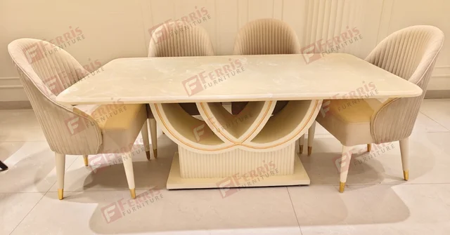 Ferris 6 Seater Modern Dining Table Set with Marble Top & PU Finish – Elegant Bent Ply Base (Variant) - PU Finish: On the bent ply base/legs , Marble Top: Polished stone (not PU), 6