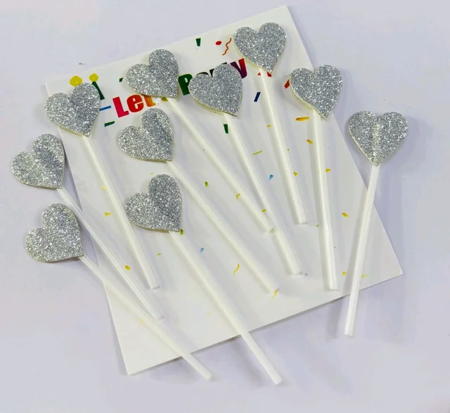 Heart Stick Topper - Glitter Silver, 10 Pcs Pack