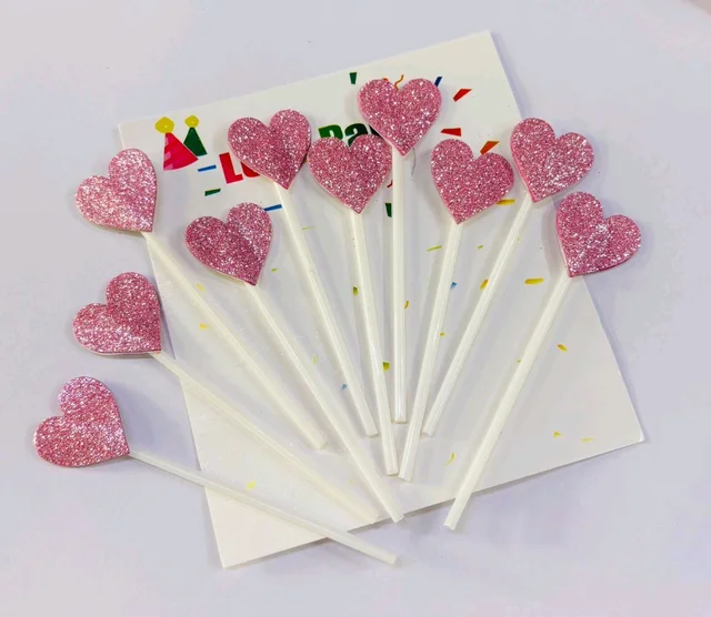 Heart Stick Topper - Glitter Pink, 10 Pcs Pack