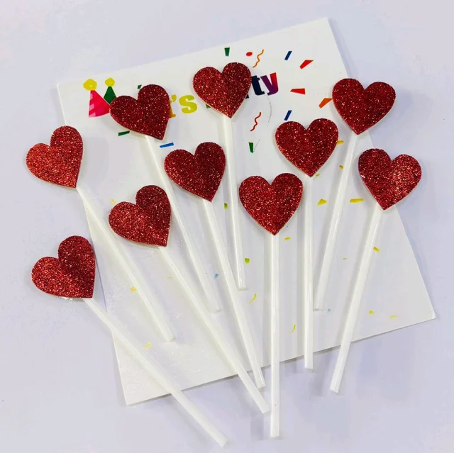 Heart Stick Topper - Glitter Red, 10 Pcs Pack