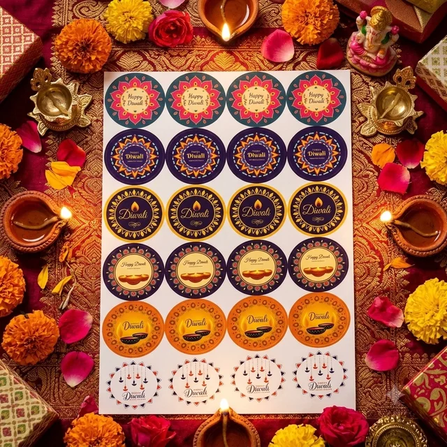 Happy Diwali Circle Sticker Sheet - 24 Pcs, 2 Inches Size, Delight 1