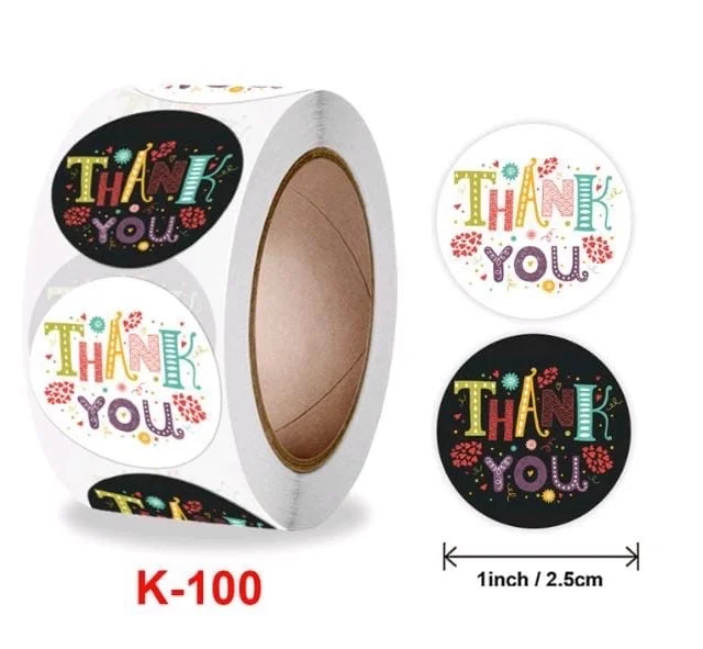 Thank You Sticker Roll - 1 Inch, 500 Pcs, K100