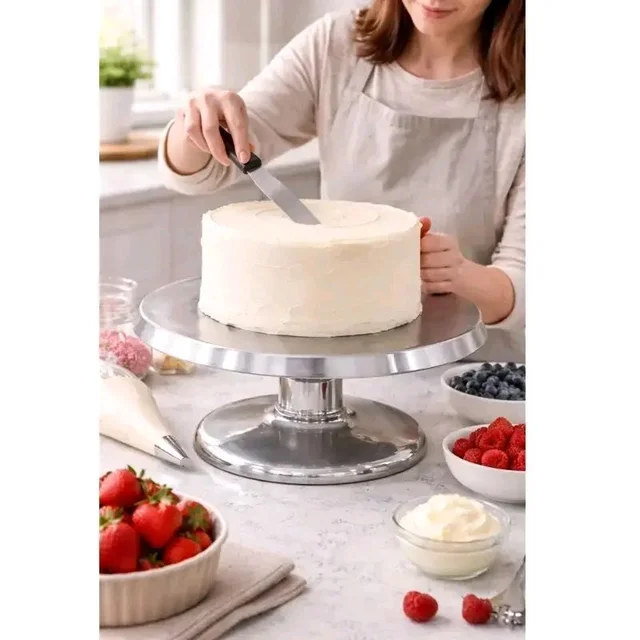 2-PIECE Detachable Steel Cake Turntable – SILVER Base with Rotating Top - Silver, 1 Pc