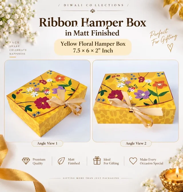 Yellow Floral Ribbon Hamper Box - 10 Pcs