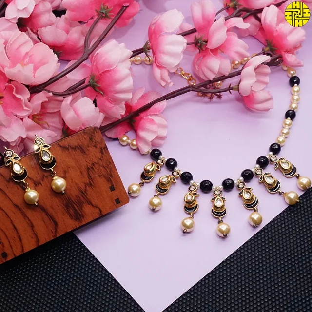 HJ Delicate Designer Pearl Kundan Black Necklace Set - D-324a - Black, Gold Plating