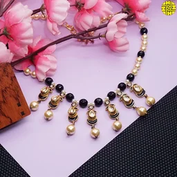 HJ Delicate Designer Pearl Kundan Black Necklace Set - D-324a - Black, Gold Plating