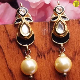 HJ Delicate Designer Pearl Kundan Black Necklace Set - D-324a - Black, Gold Plating