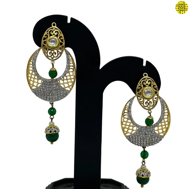 HJ Designer Long Pearl Earrings Ec - 247 - Green, Antique Raw Finish