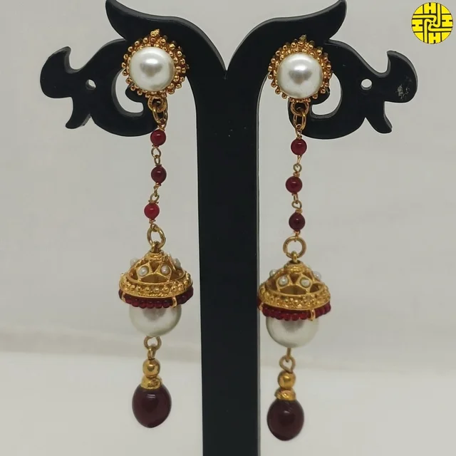HJ Designer Long Pearl Earrings EC-319MN - Maroon, Gold Plating