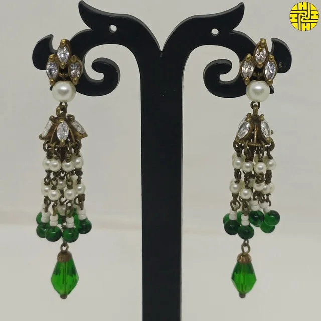 HJ Designer Long Pearl Earrings - EC-321gn - Green, Antique Raw Finish