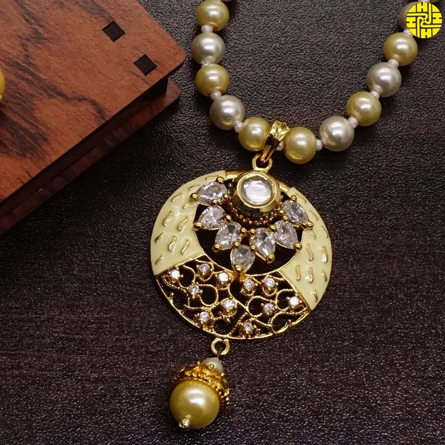 HJ Classic Designer Pearl Pendant Set - F-207 - Pearl Ivory, Gold Plating
