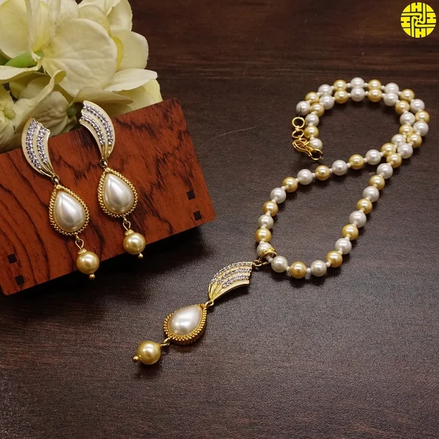 HJ Stylish pearl pendant set - F-210 - Pearl Ivory, Gold Plating