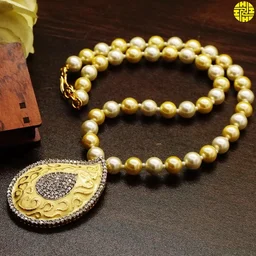 HJ Classic Designer Pearl With Meena Work Pendant Set - F-219 - Pearl Ivory, Gold Plating