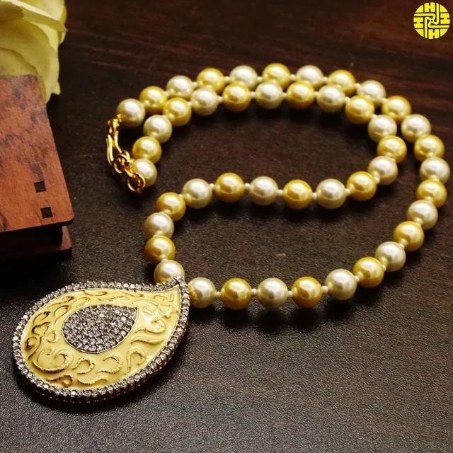 HJ Classic Designer Pearl With Meena Work Pendant Set - F-219 - Pearl Ivory, Gold Plating