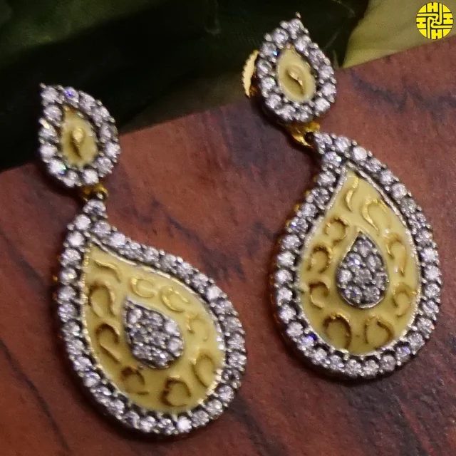 HJ Classic Designer Pearl With Meena Work Pendant Set - F-219 - Pearl Ivory, Gold Plating