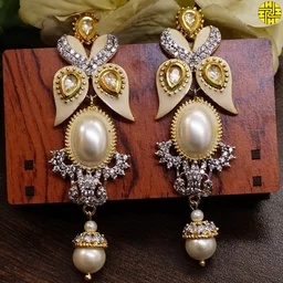 HJ Exquisite Designer Long Pearl Pendant Set - F-220 - Pearl Ivory, Two Tone Plating