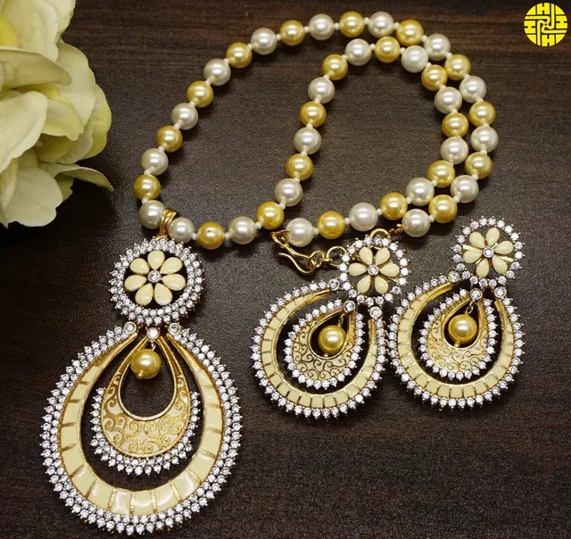 HJ Designer pearl pendant set f-222 - pearl ivory, gold plating