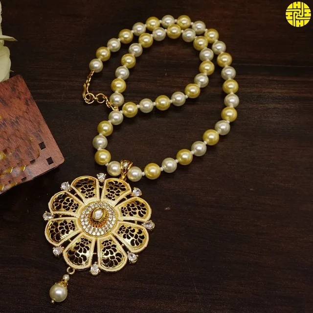HJ Classic Designer Pearl Pendant Set - F-212b - Pearl Ivory, Gold Plating