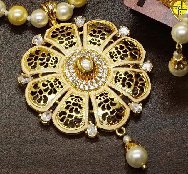 HJ Classic Designer Pearl Pendant Set - F-212b - Pearl Ivory, Gold Plating