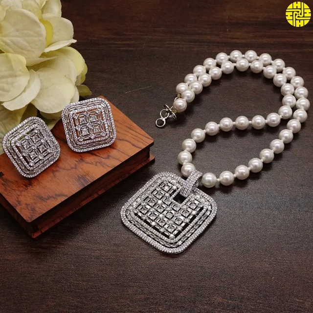 HJ Diamond Inspired Designer Pearl Pendant Set - F-317 - Pearl White, Rhodium Plating