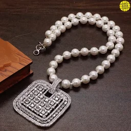 HJ Diamond Inspired Designer Pearl Pendant Set - F-317 - Pearl White, Rhodium Plating
