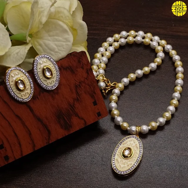 HJ Minimalist Designer pearl pendant set - f-319 - Pearl Ivory, Gold Plating