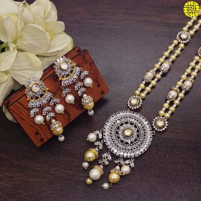 HJ Elegant Look Designer Long Pearl Pendant Set - F-241iv - Pearl Ivory, Gold Plating