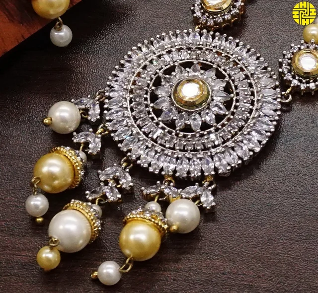 HJ Elegant Look Designer Long Pearl Pendant Set - F-241iv - Pearl Ivory, Gold Plating