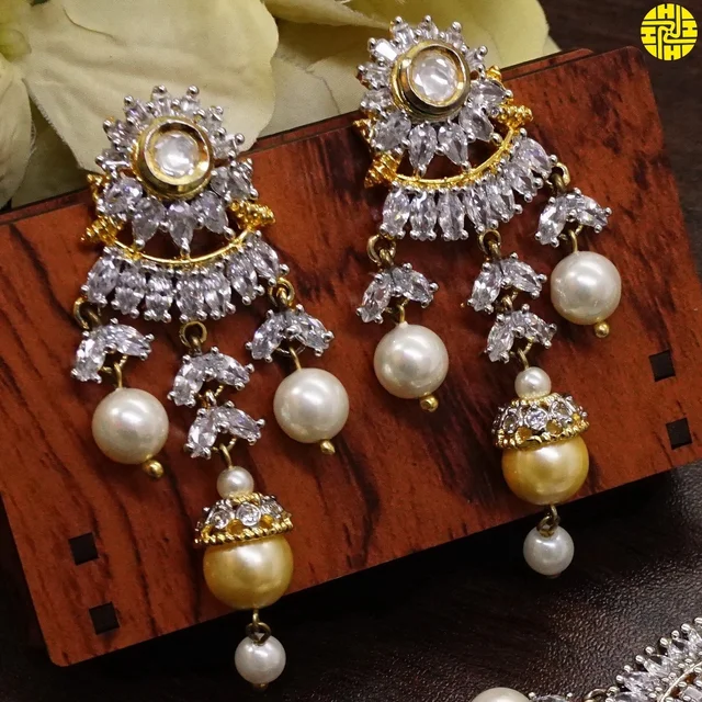 HJ Elegant Look Designer Long Pearl Pendant Set - F-241iv - Pearl Ivory, Gold Plating