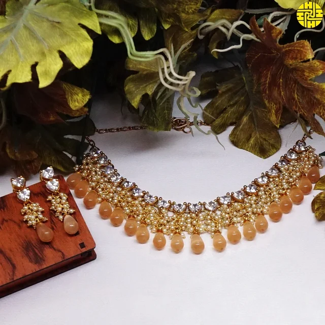 HJ Designer Pearl Peach Drop Necklace Set - H-238pch - Peach, Gold Plating