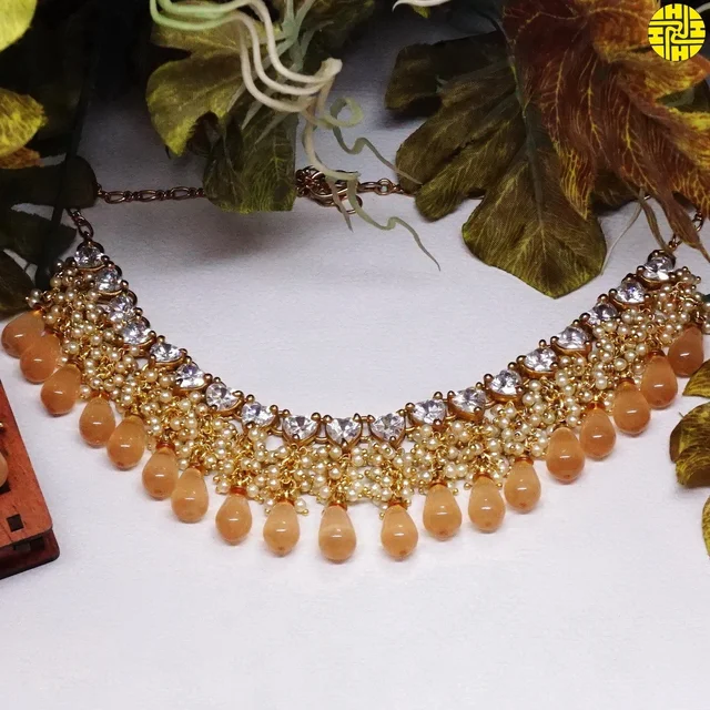 HJ Designer Pearl Peach Drop Necklace Set - H-238pch - Peach, Gold Plating