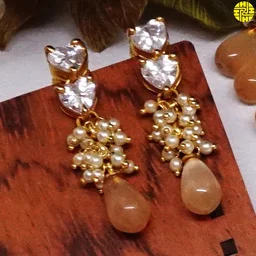 HJ Designer Pearl Peach Drop Necklace Set - H-238pch - Peach, Gold Plating