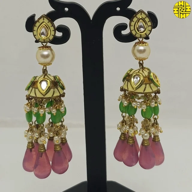 HJ Vintage Look Designer Long Pearl Earrings - HJC-380pk - Multi, Antique Raw Finish