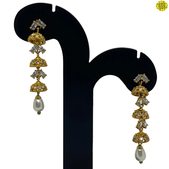 HJ Designer Long Pearl Earrings Hje 05 - White, Antique Raw Finish
