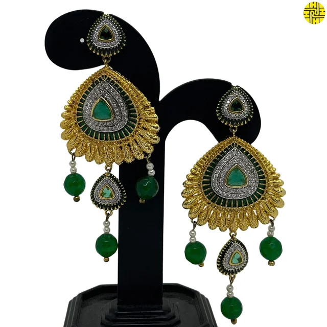 HJ Designer Long Pearl Earrings Hje 168 - Green, Gold Plating