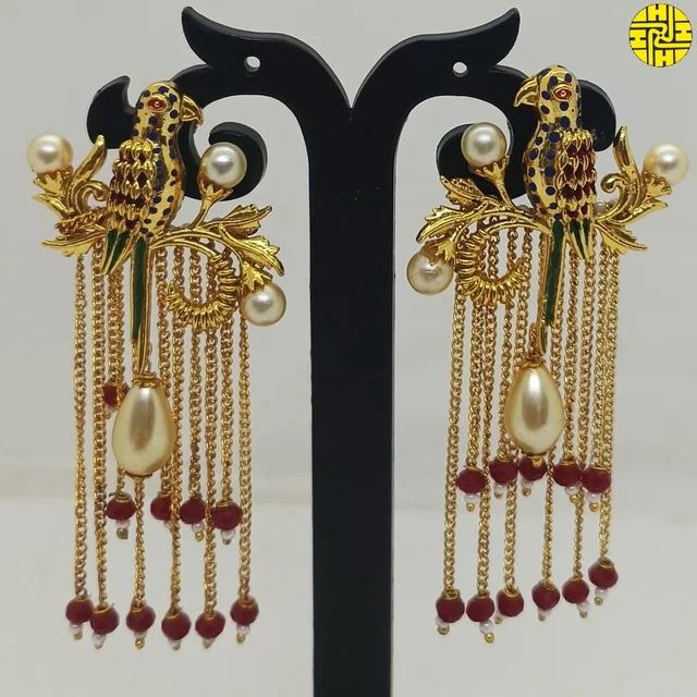 SM Designer Long Pearl Earrings HJE-199MN - Maroon, Antique Raw Finish