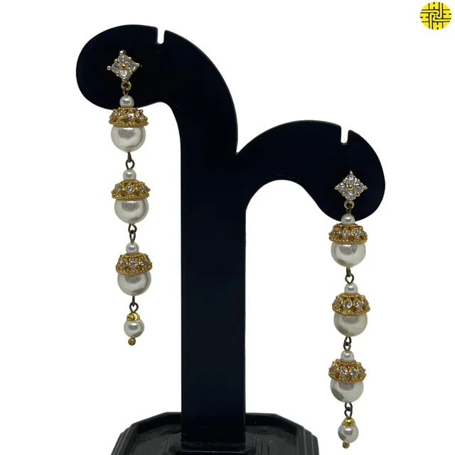 HJ Designer Long Pearl Earrings Hje 201 - White, Gold Plating