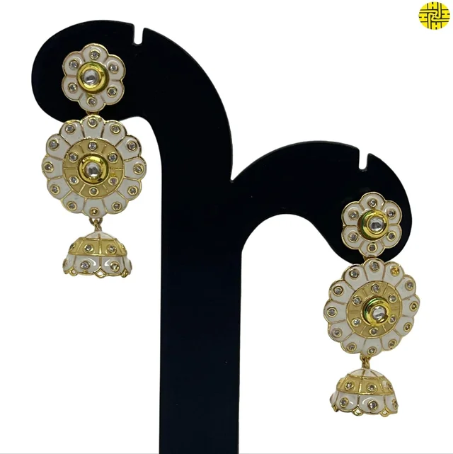 HJ Stylish Meenakari Kundan White Earrings - Hje 366pn - Pink, Gold Plating