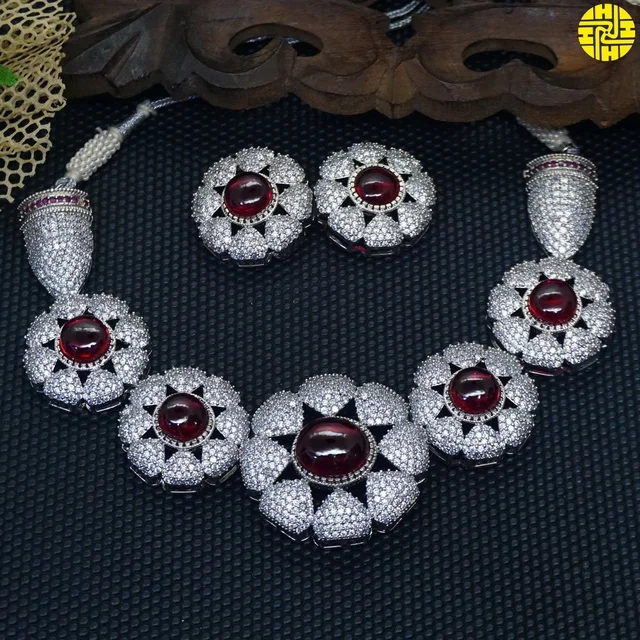 HJ Royal Look CZ Flower Green Necklace Set - I-215gr - Green, Two Tone Plating