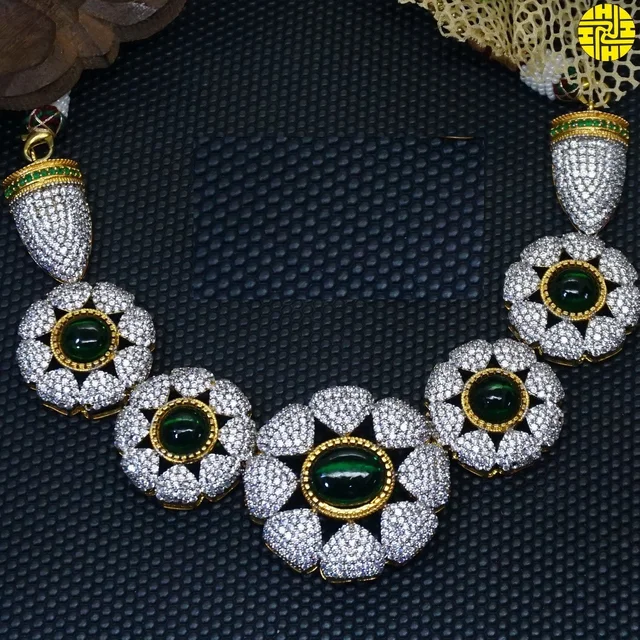 HJ Royal Look CZ Flower Green Necklace Set - I-215gr - Green, Two Tone Plating