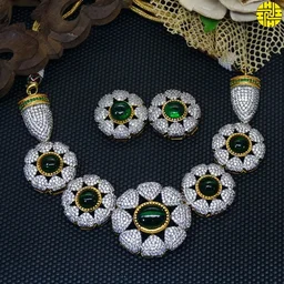 HJ Royal Look CZ Flower Ruby Necklace Set - I-215rb - Ruby, Rhodium Plating