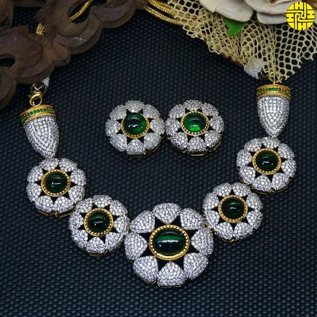 HJ Royal Look CZ Flower Green Necklace Set - I-215gr - Green, Two Tone Plating