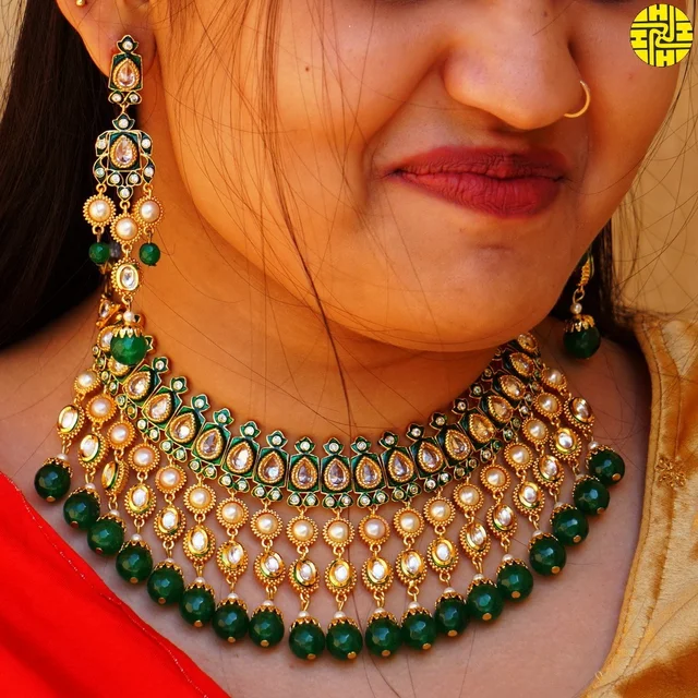 HJ Royal Look Bridal Polki Kundan Green Necklace Set - j-211gr - Green, Gold Plating
