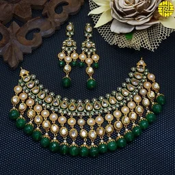 HJ Royal Look Bridal Polki Kundan Ivory Necklace Set - j-211iv - Ivory, Gold Plating