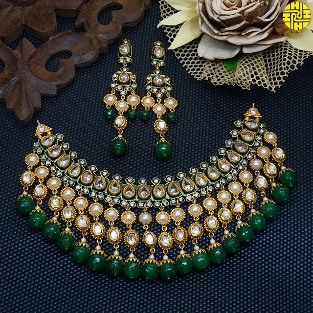 HJ Royal Look Bridal Polki Kundan Ivory Necklace Set - j-211iv - Ivory, Gold Plating