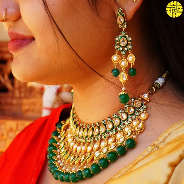 HJ Royal Look Bridal Polki Kundan Green Necklace Set - j-211gr - Green, Gold Plating